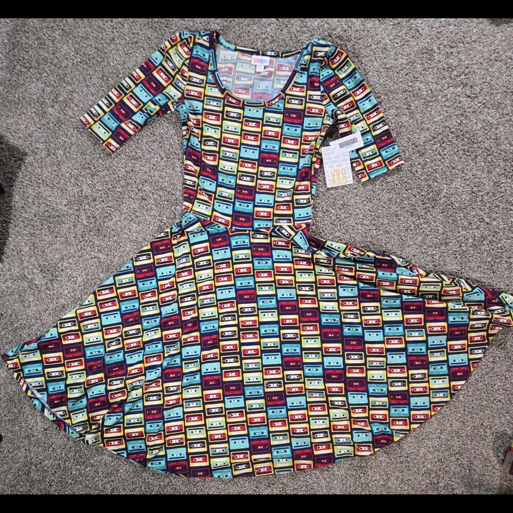 New LulaRoe Nicole Dress Size XXS Fit Flare CASSETTE TAPE